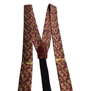 Paul Stuart Solid Brass Suspenders Red Geometric Triangle Pattern Leather Accent